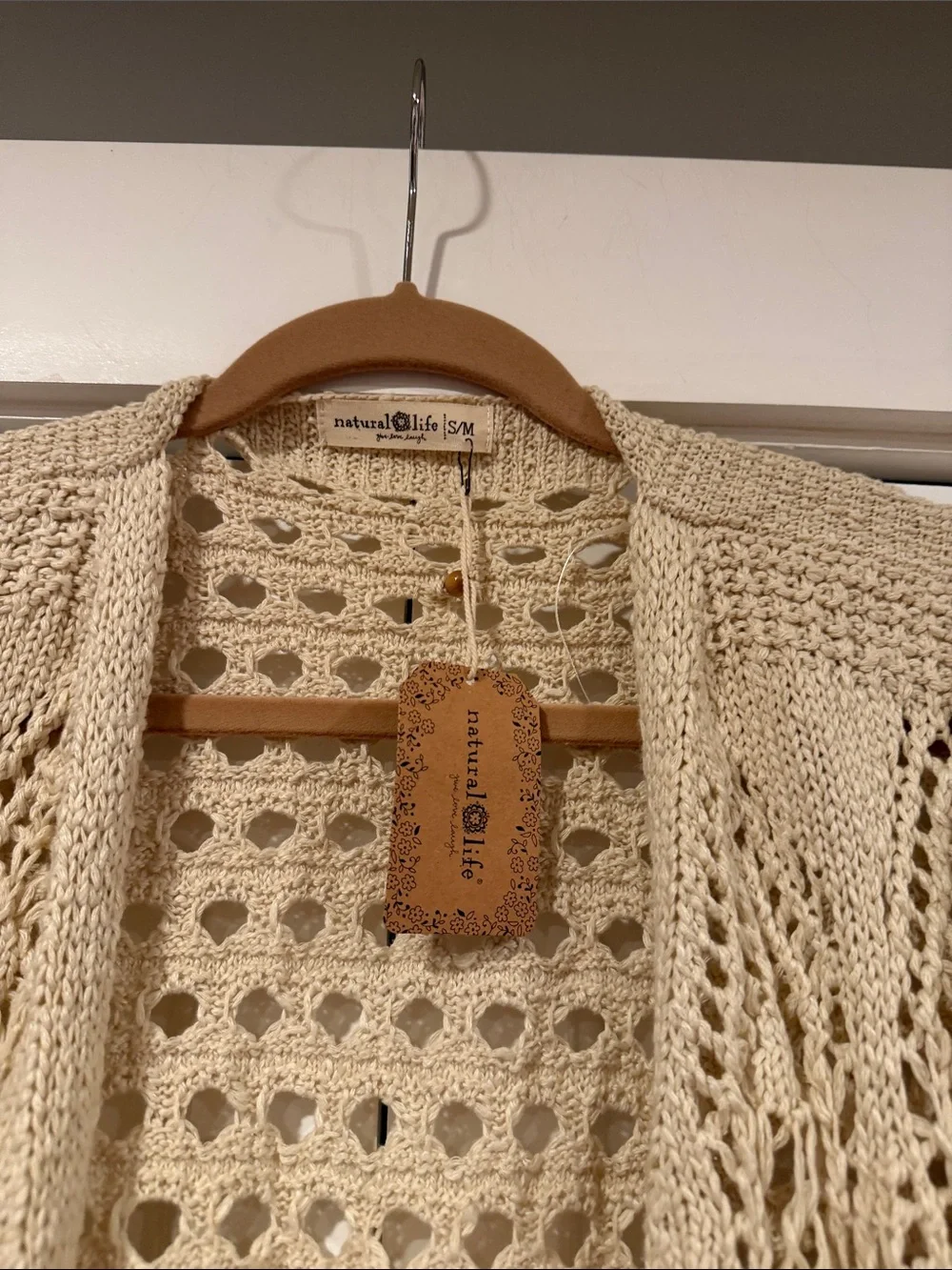 NATURAL LIFE Abigail Cream Open-Knit Crochet Duster Cardigan s/m